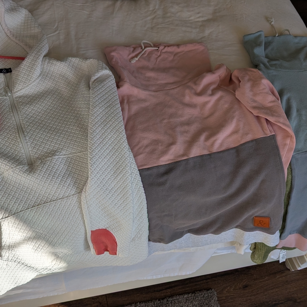 3- AMPERSAND AVE White and Pink Quilted Hoodie And Pink Multi Color Cowlnecks